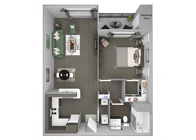 Hills of Valencia Apartments - A2 - 1 bedroom and 1 bath - 3D