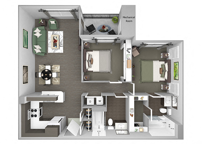 Hills of Valencia Apartments - B1 - 2 bedrooms and 2 bath - 3D