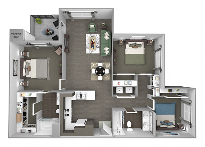 Hills of Valencia Apartments - C1 - 3 bedrooms and 2 bath - 3D