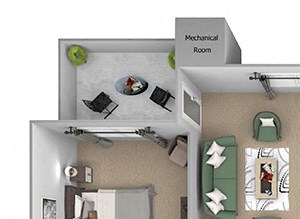 First and Main - C1 (Contemporary) - 3-bedroom and 2 bath - 3D floor plan First and Main - C1 (Contemporary) - 3-bedroom and 2 bath - 3D floor plan