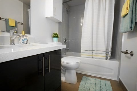 A bathroom with a white toilet, a sink, and a shower.