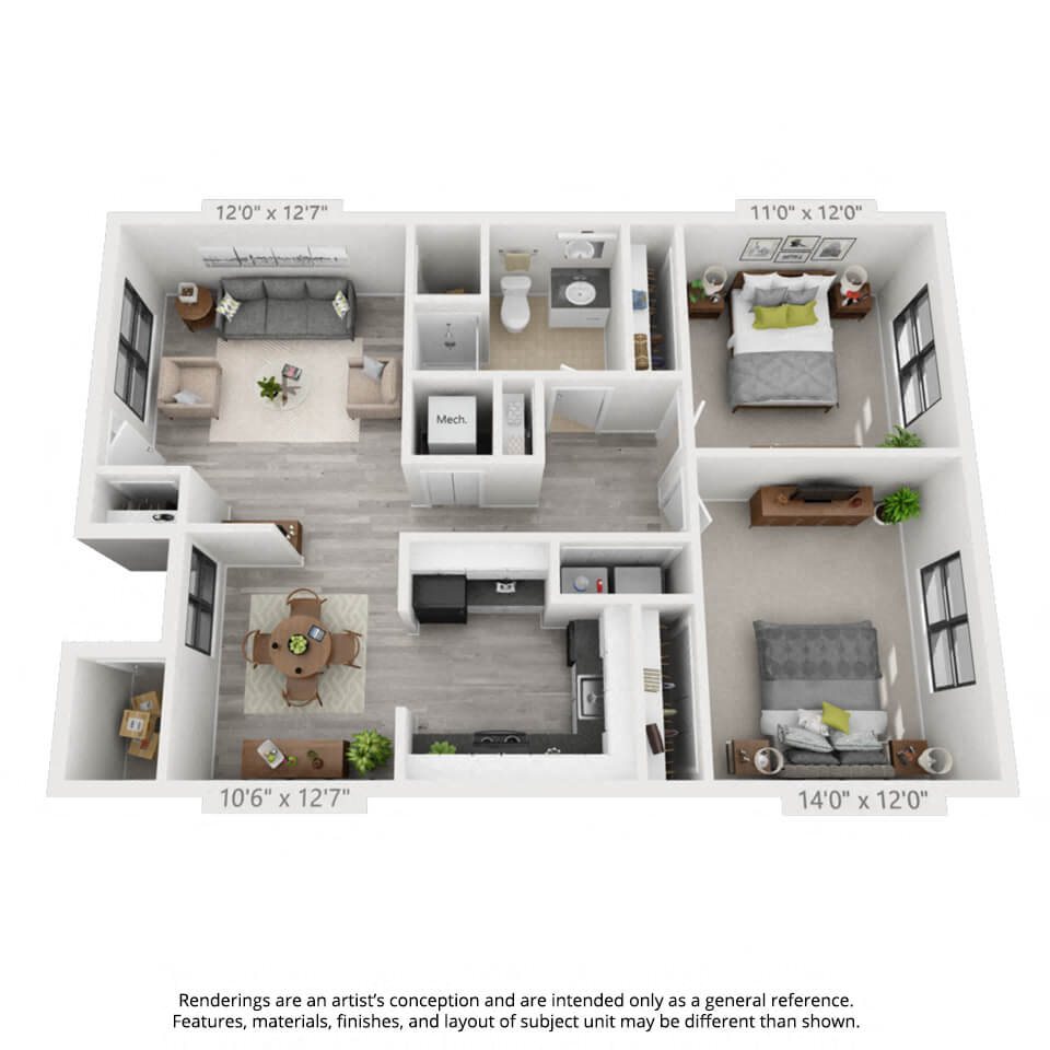 2 bedroom, 1 bath garden-style floorplan A 3D floorplan of the garden-style 2 bedroom layout at mountainview villas
