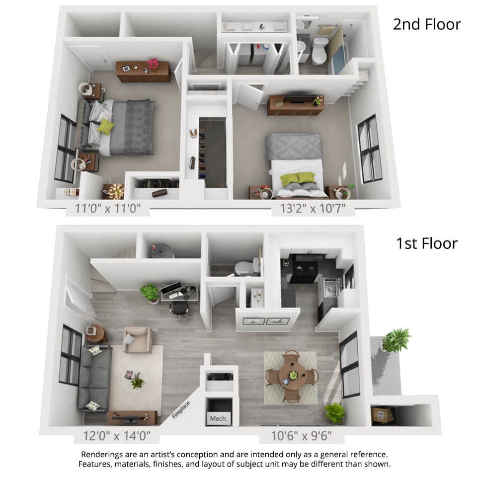2 bedroom, 1.5 bath floorplan A 3D floorplan of the 2 bedroom layout at mountainview villas