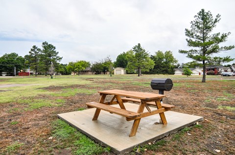 a picnic table with a grill on it in a park