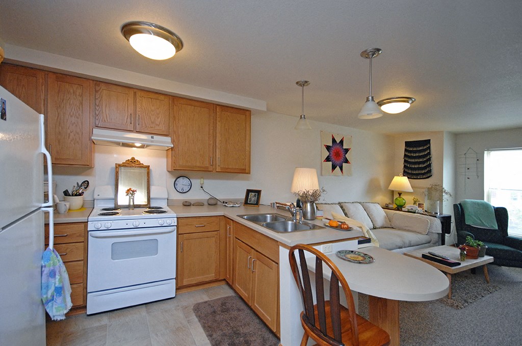 a kitchen and living room with a white stove refrigerator and sink