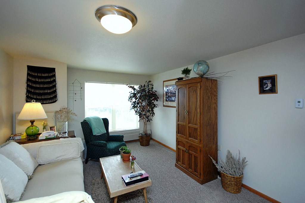 a living room with a couch and a chair and a cabinet