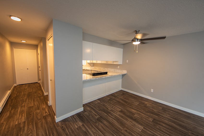 a living room with a kitchen and a ceiling fan