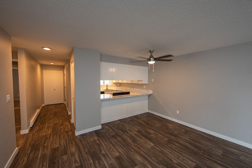 a living room with a kitchen and a ceiling fan