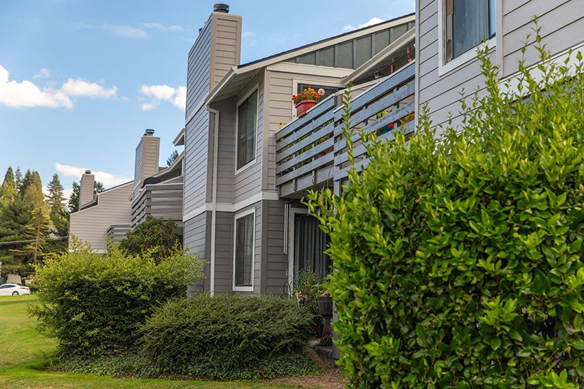 a view of the side of a building with shrubs and trees