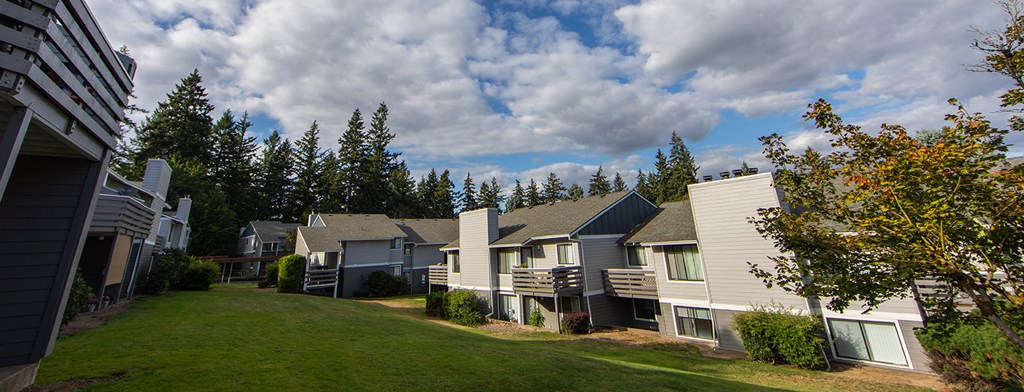 a row of houses with trees in the background