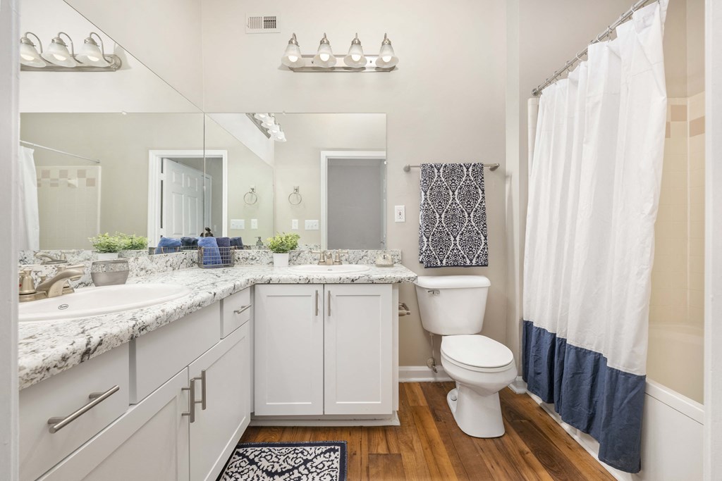 A bathroom with a white toilet, a sink with a marble countertop, and a shower with a blue and white curtain.