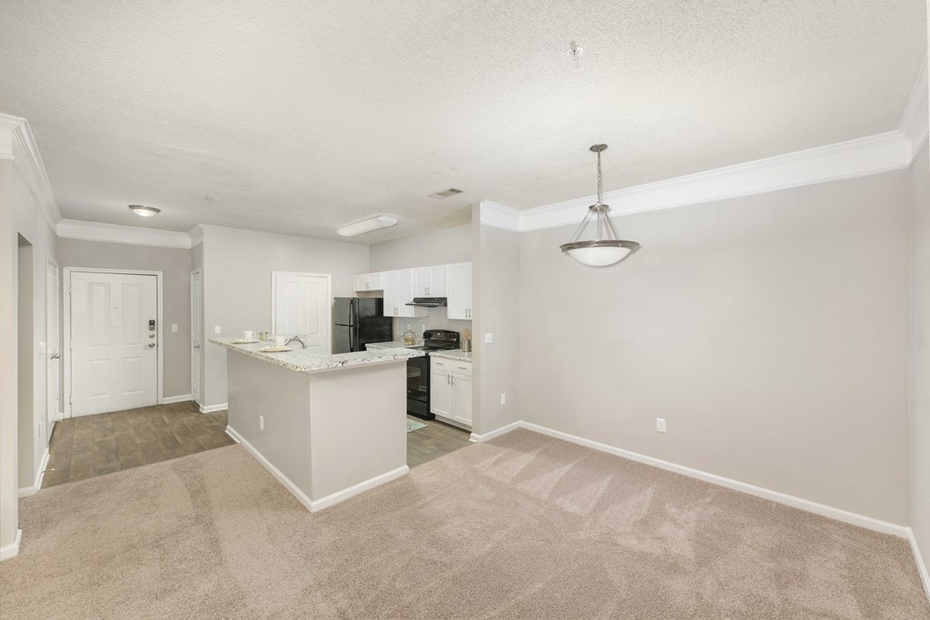 A spacious kitchen and living room with a carpeted floor.