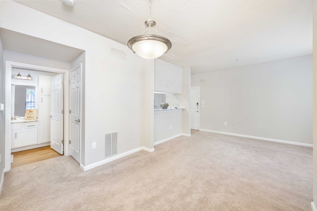 A spacious room with a carpeted floor and a ceiling light.
