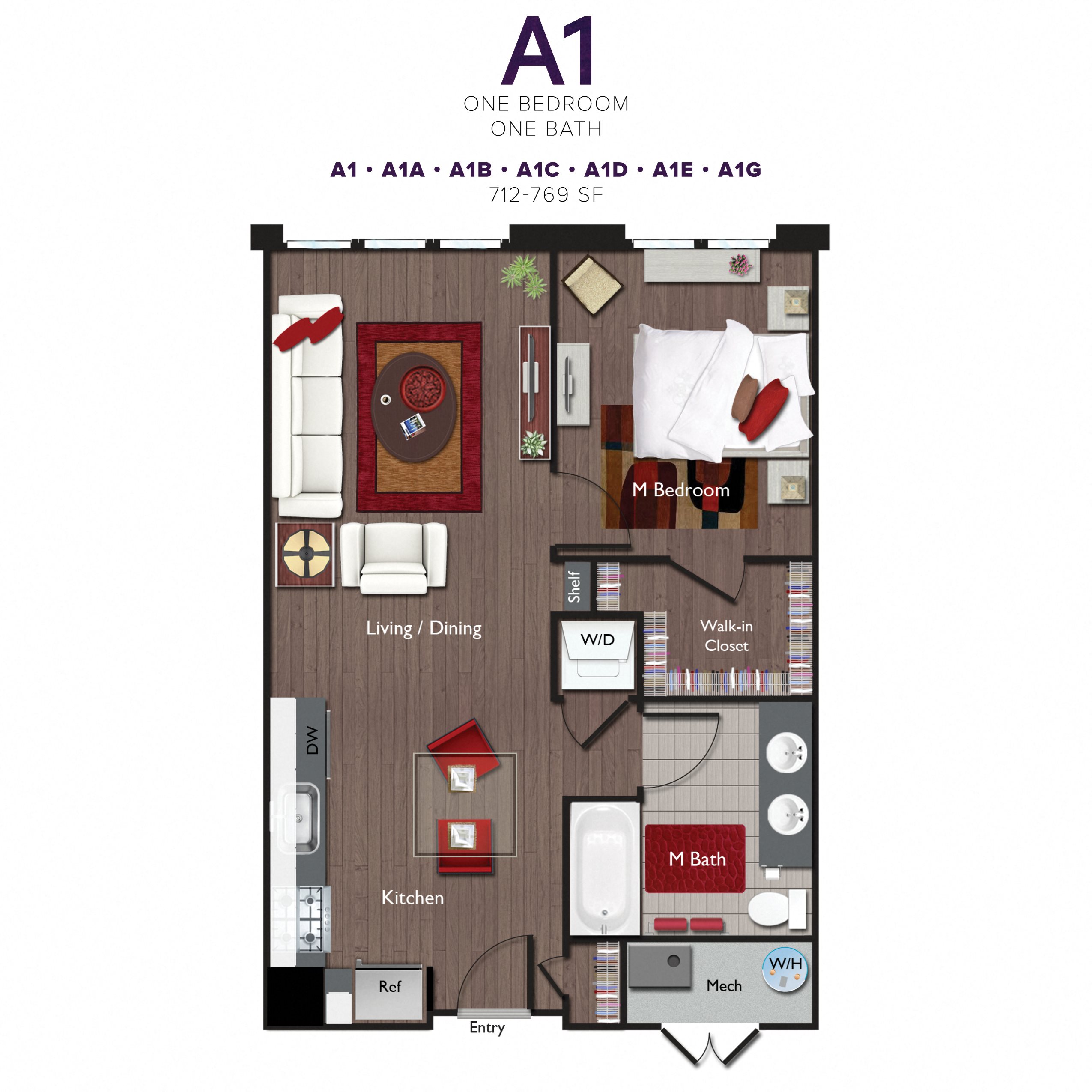 One Bedroom/One Bathroom (A01A) Floor Plan 1
