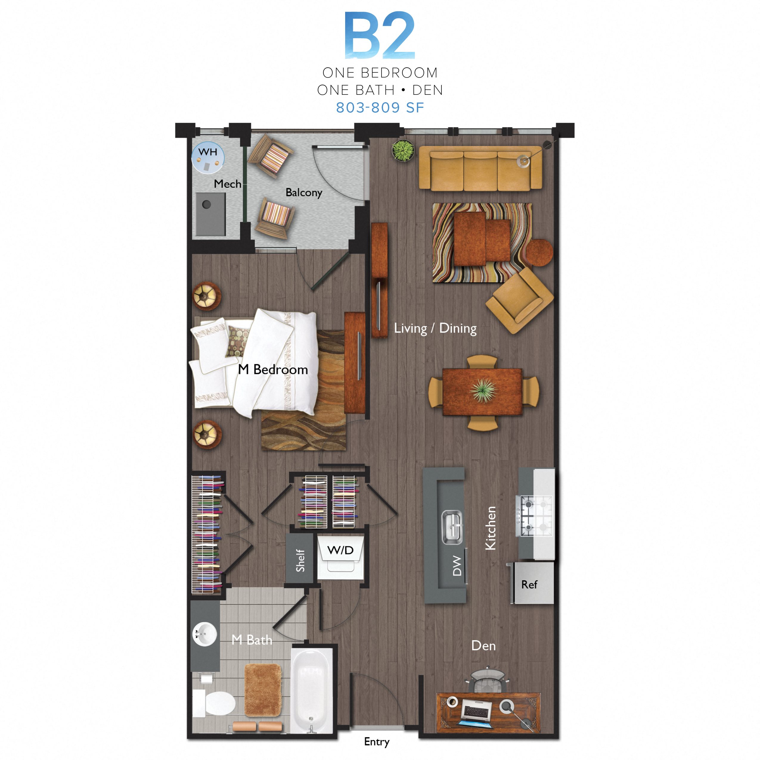 One Bedroom/One Bathroom with Den (B02) Floor Plan 10