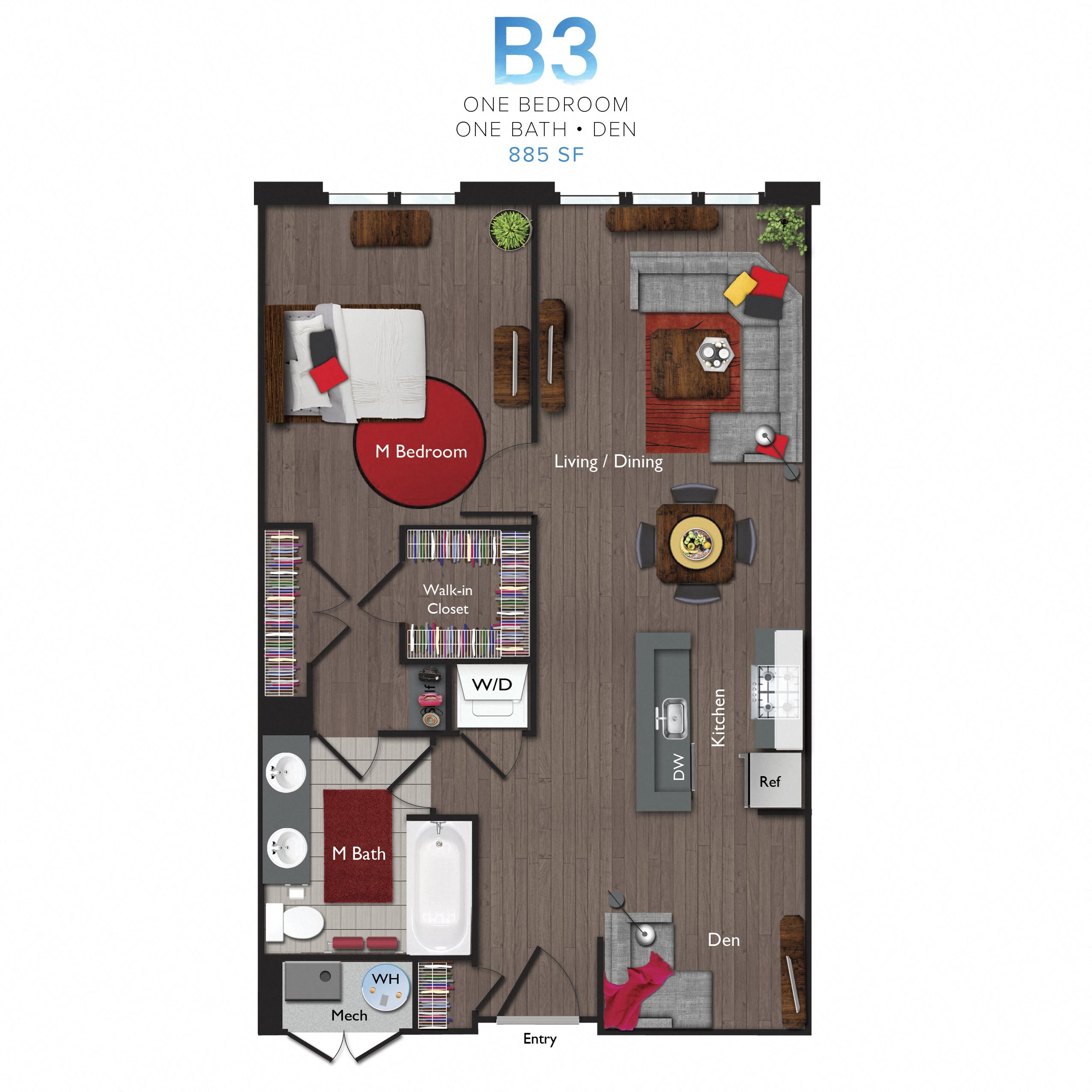 One bedroom/One Bathroom with Den (B03) Floor Plan 15