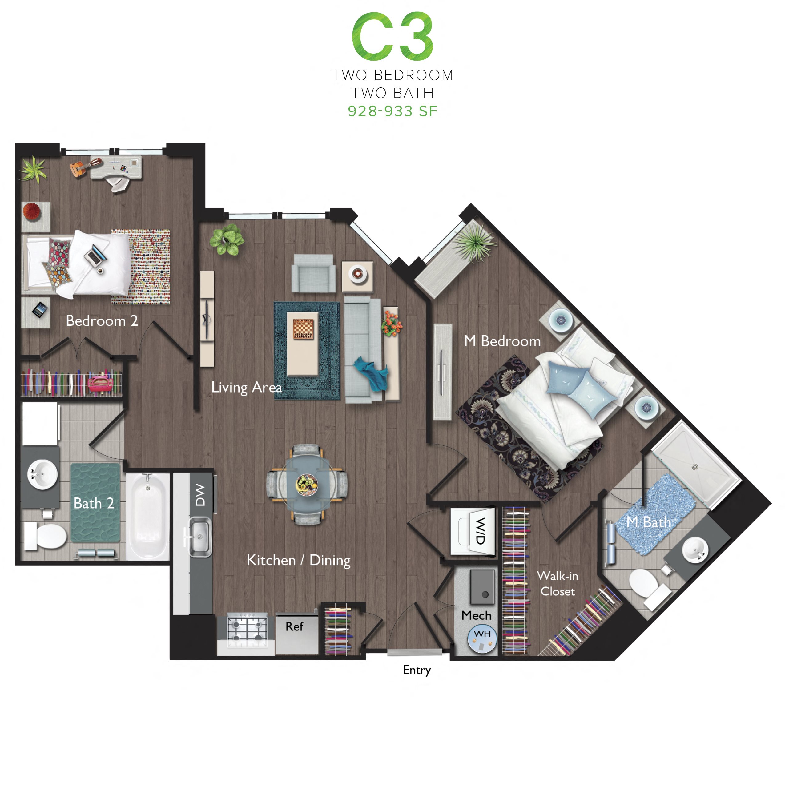 Two Bedrooms/Two Bathrooms (C03) Floor Plan 6