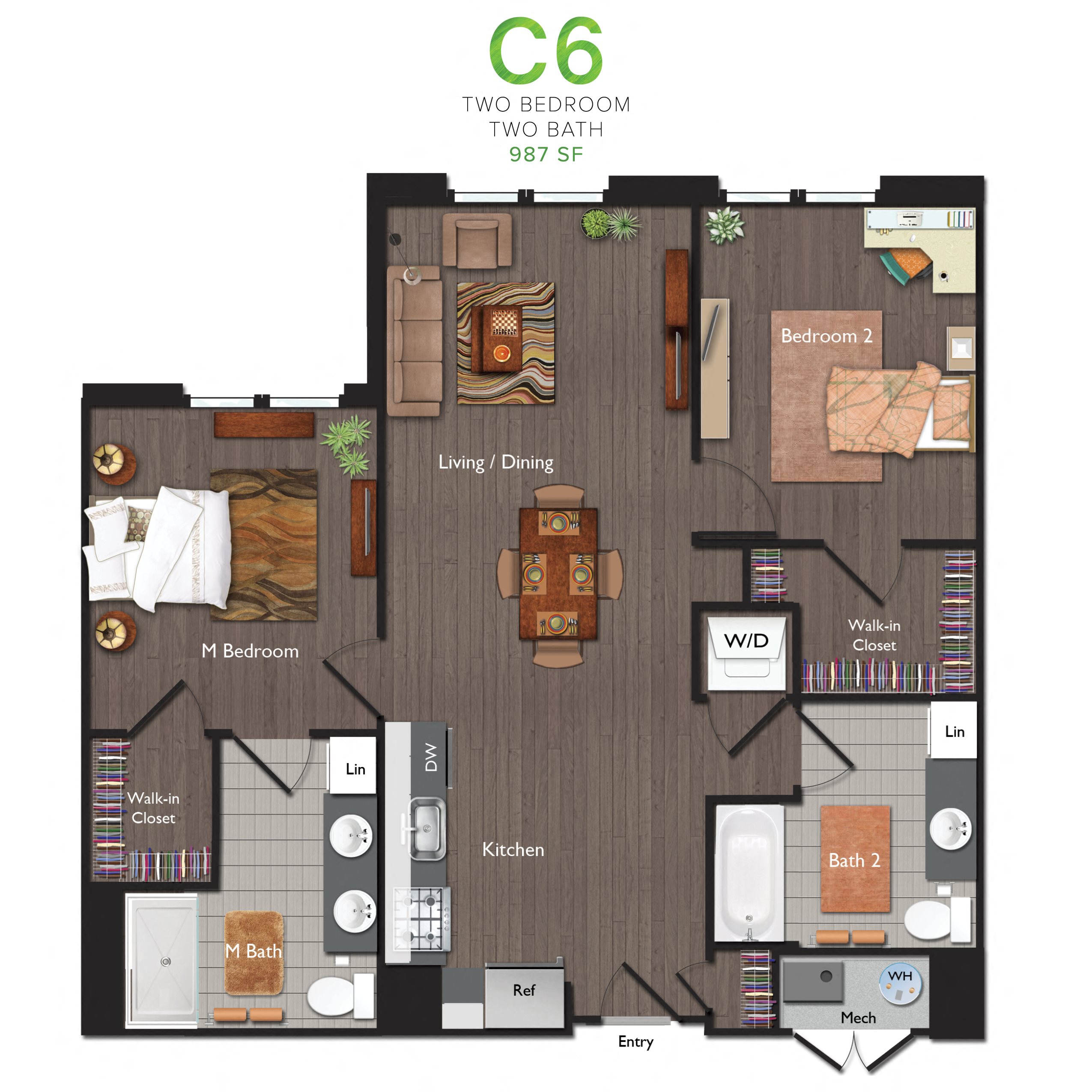 Two Bedrooms/Two Bathrooms (C06) Floor Plan 6