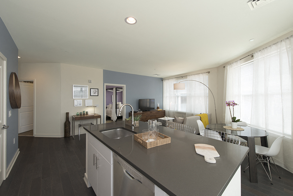 Kitchen island layout spacious apartment valley and bloom at Valley and Bloom, Montclair, NJ