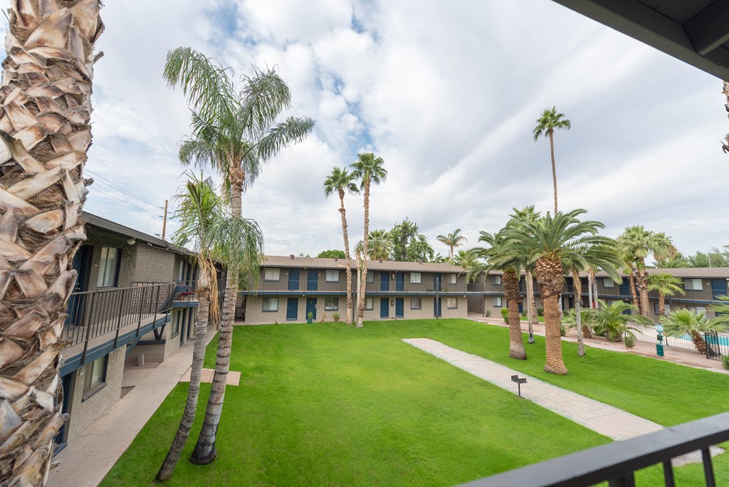 a building with a lawn and palm trees in front of it