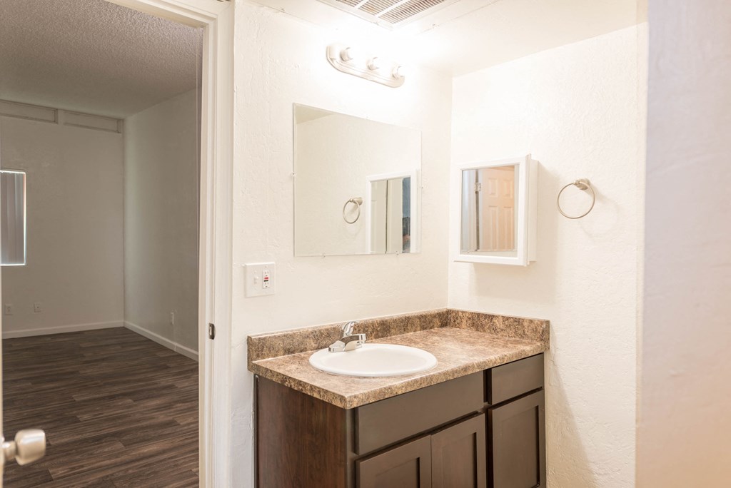 an empty bathroom with a sink and a mirror