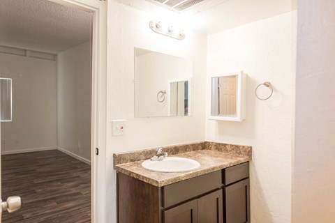 an empty bathroom with a sink and a mirror