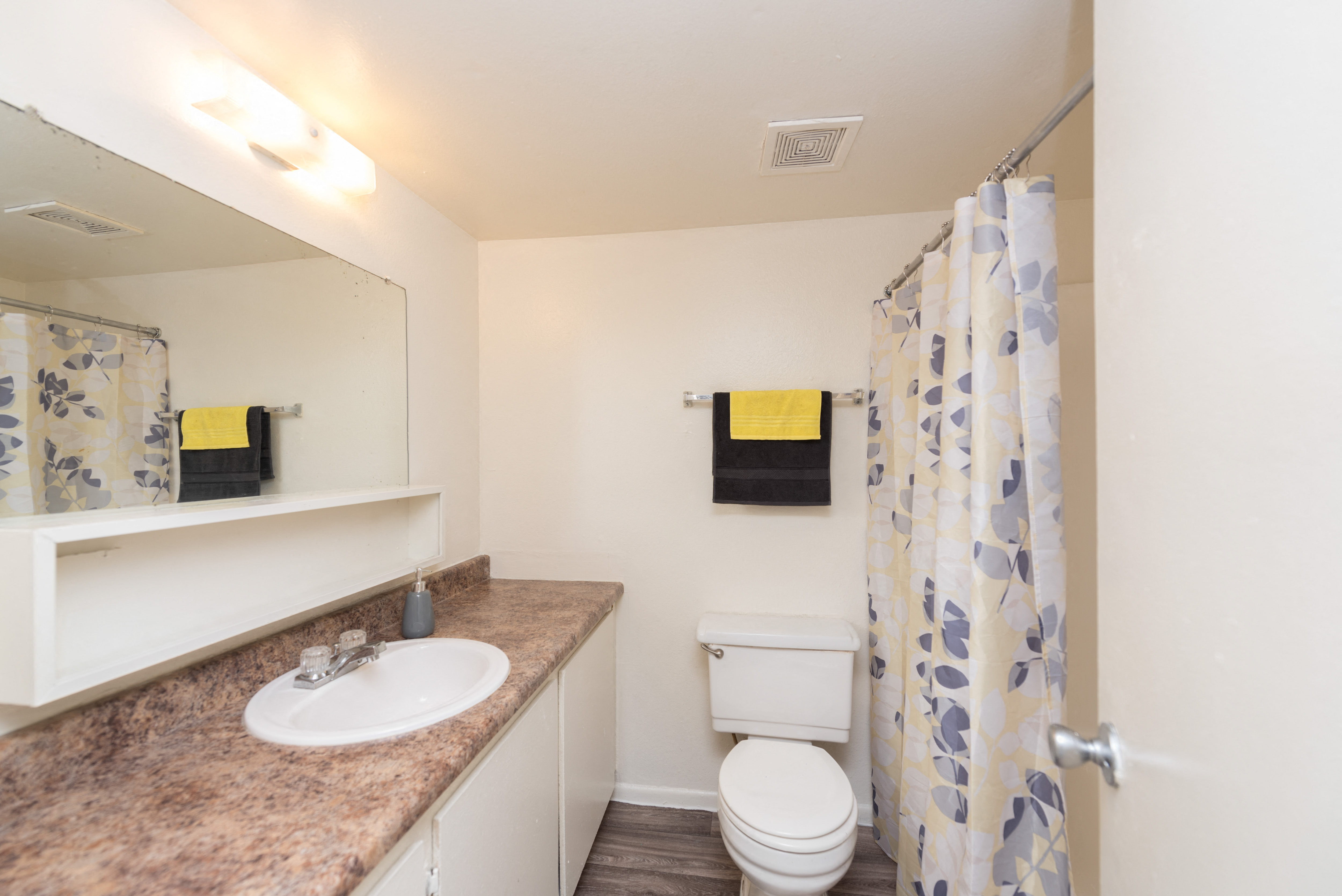 a bathroom with a shower toilet and sink and a mirror