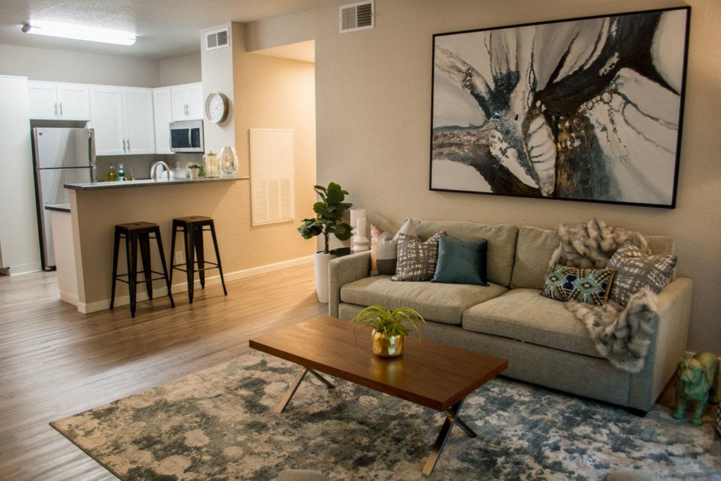 One Bedroom apartments in Sacramento CA - Waterford Cove - Living Room with Sofa, Coffee Table, Area Rug, and View of Kitchen