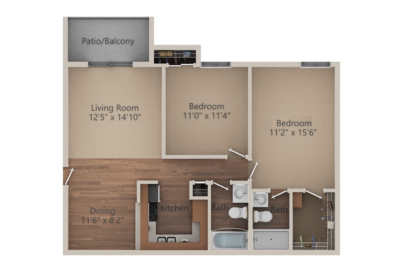 2 Bed 2 Bath (950 sq ft) Floor Plan at Whisper Hollow Apartments, Maryland Heights