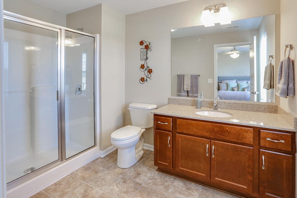 a bathroom with a shower toilet sink and mirror