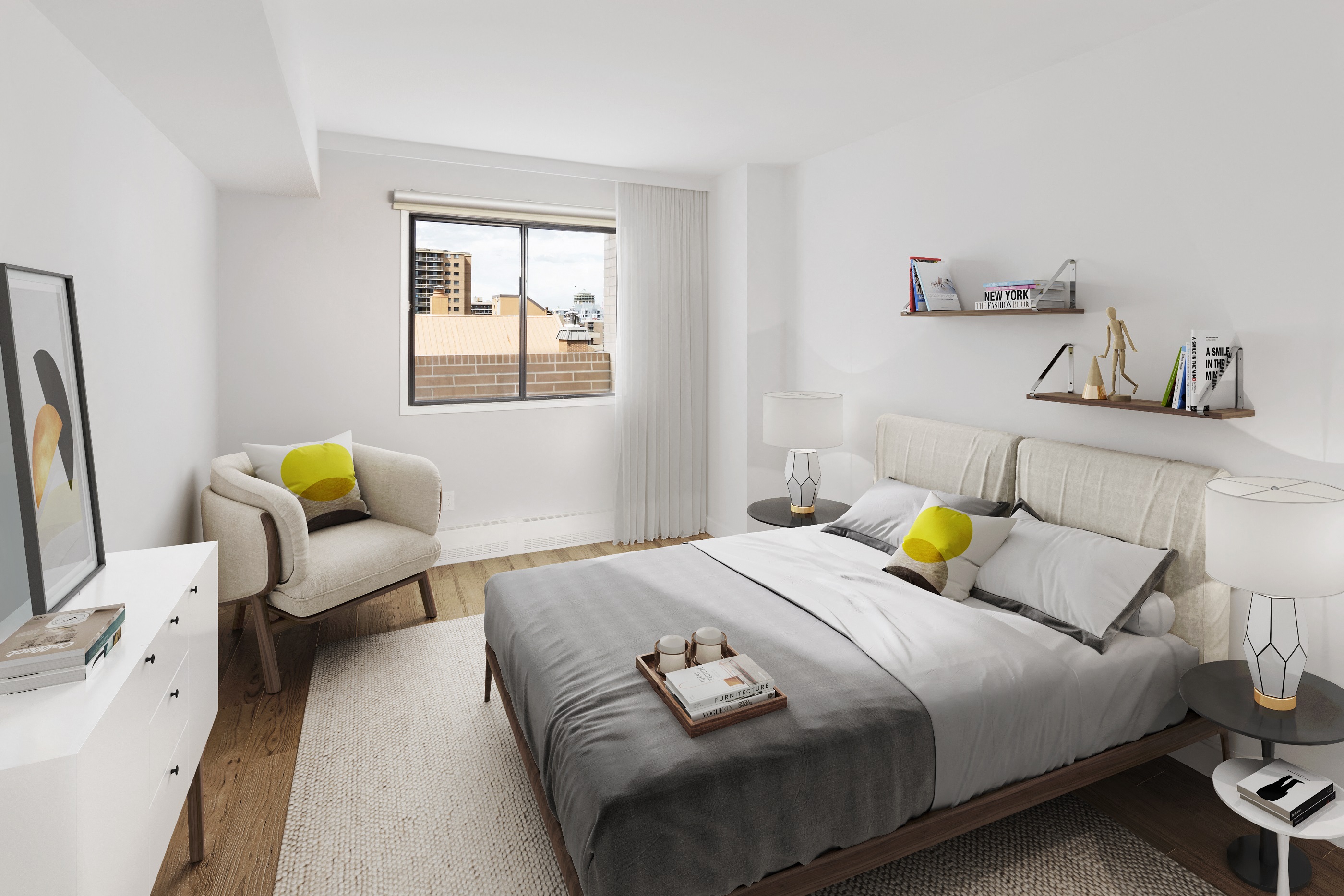 bedroom with a chair, bed, and window