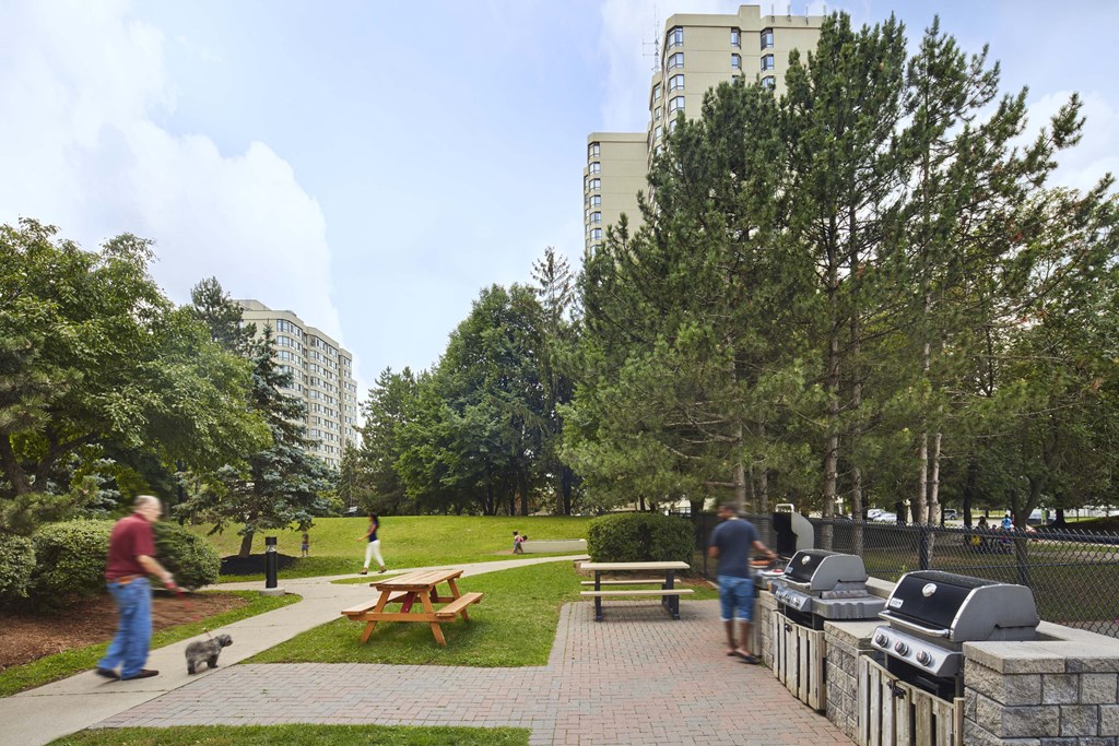 people walking around a park with bbq pits and picnic tables