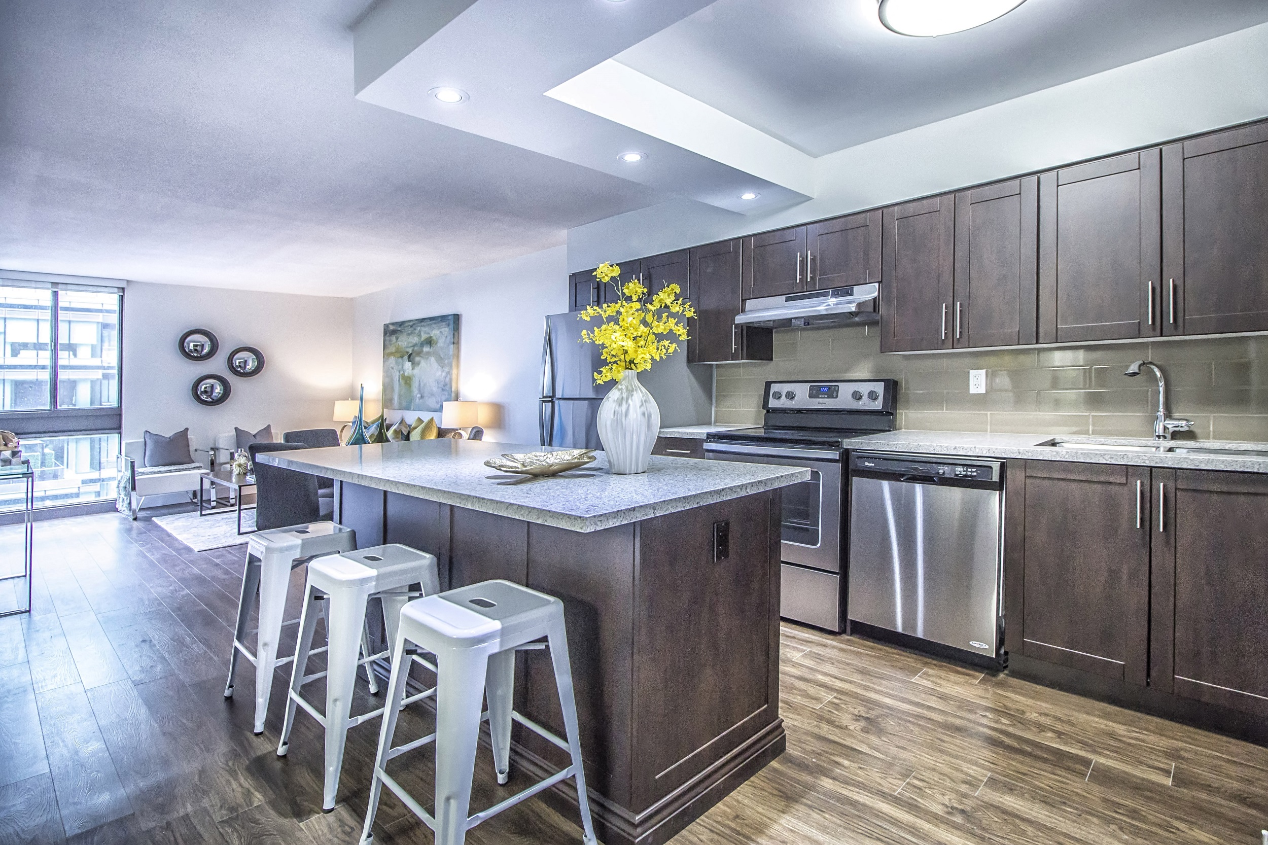 Open-concept kitchen in renovated unit