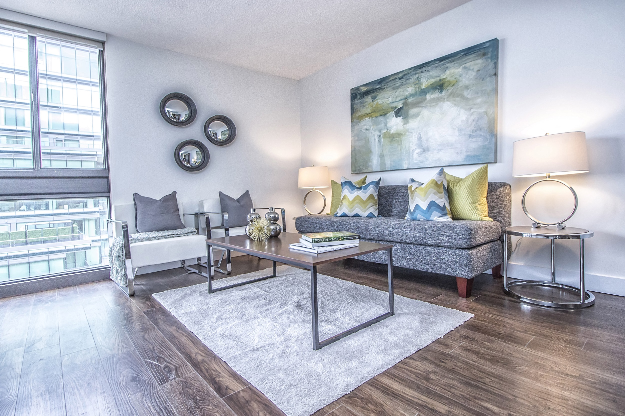 Living room area in upgraded unit