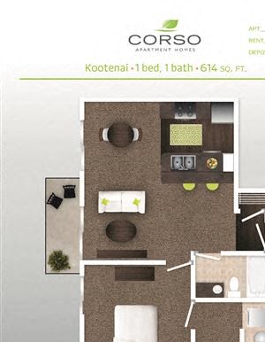1 Bed, 1 Bath Floor Plan 1 Bed, 1 Bath Floor Plan at Corso Apartments, Missoula, MT, 59801
