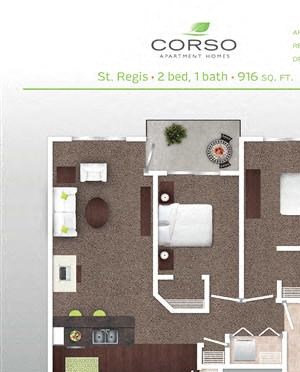 2 Bed 1 Bath Floor Plan 2 Bed 1 Bath Floor Plan at Corso Apartments, Missoula, 59801