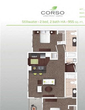 2 Bed 2 Bath Floor Plan 2 Bed 2 Bath Floor Plan at Corso Apartments, Montana, 59801