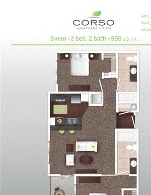 2 Bedroom 2 Bathroom Floor Plan 2 Bedroom 2 Bathroom Floor Plan at Corso Apartments, Missoula, Montana