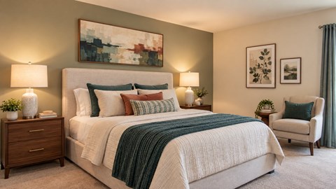 A bedroom with a large bed and a painting on the wall.