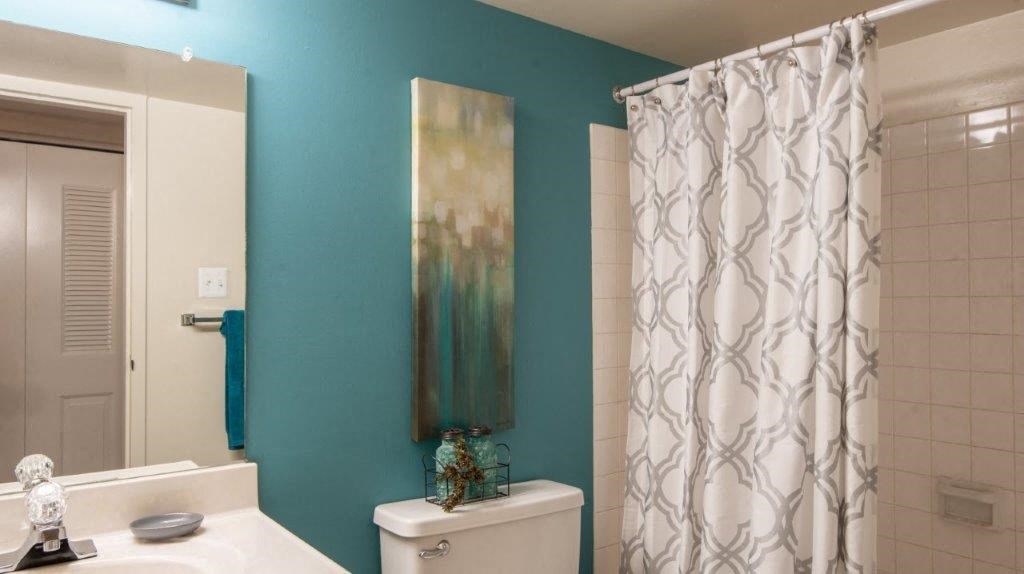 a bathroom with a shower curtain and a toilet