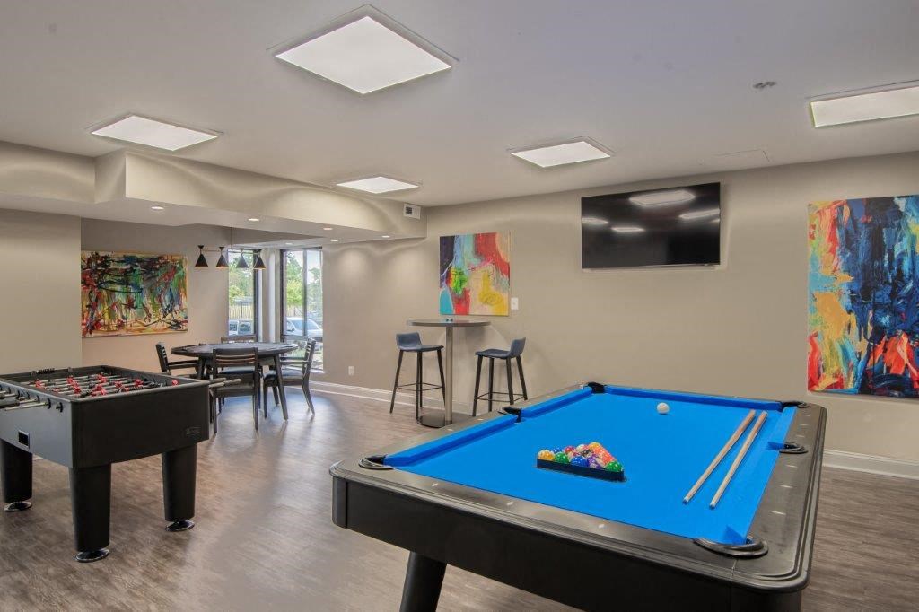 a game room with a pool table and a tv