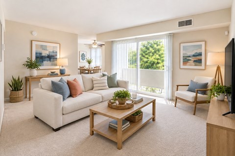 A living room with a white couch, a wooden coffee table, and a flat-screen TV.