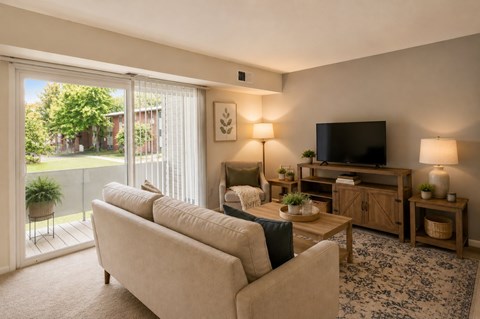 A living room with a couch, a television, and a plant.