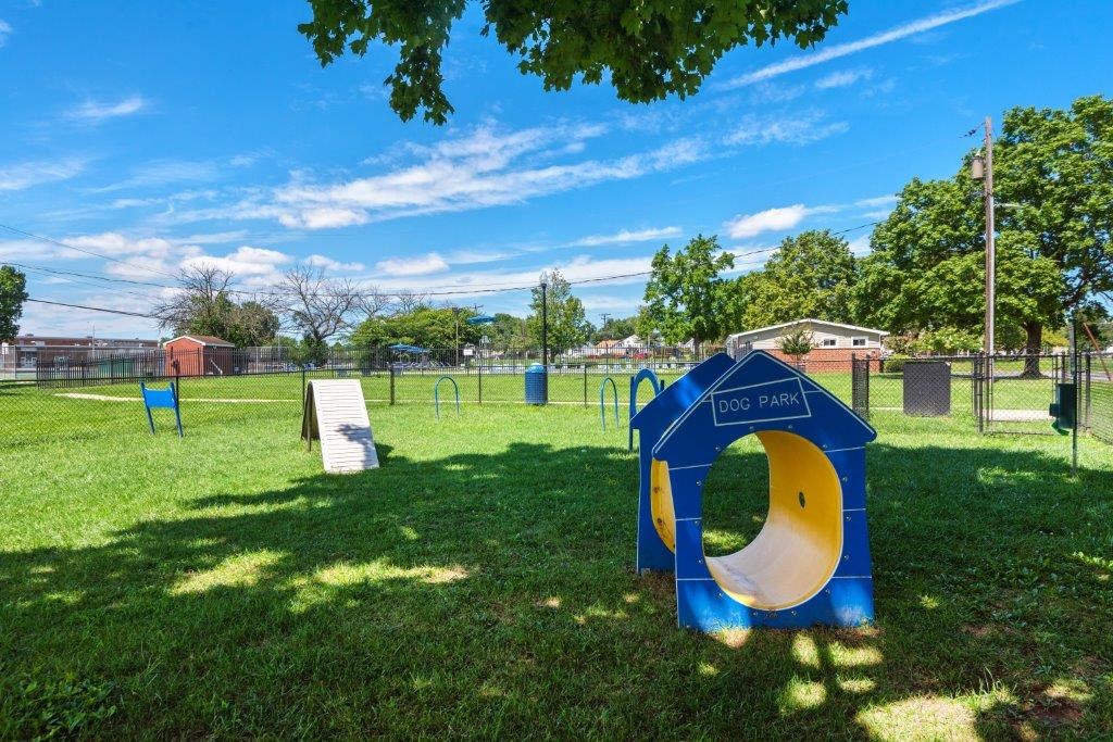 a park with a playground and a blue and yellow obstacle course