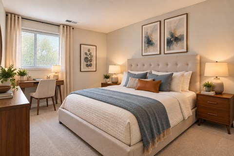 A bedroom with a large bed, a desk with a chair, and two wall lamps.