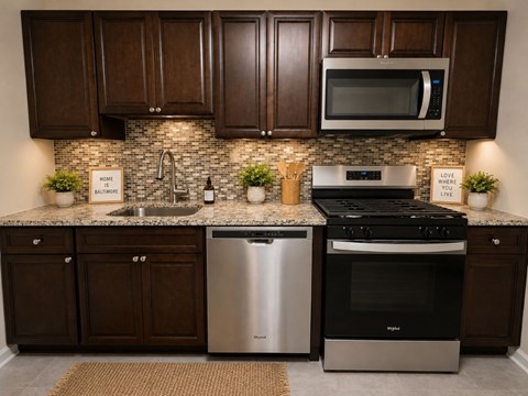 A kitchen with dark brown cabinets and a granite countertop.