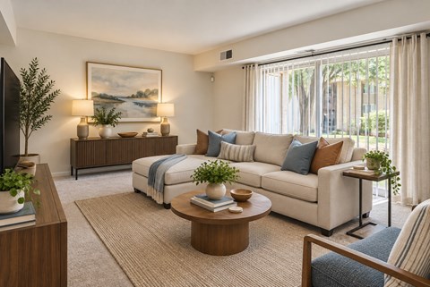A living room with a white couch, a coffee table, and a painting on the wall.