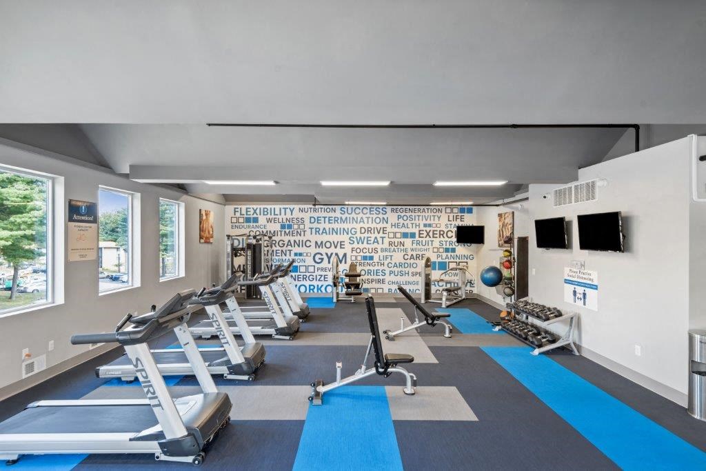 a gym with weights and a wall with a mural of gym equipment