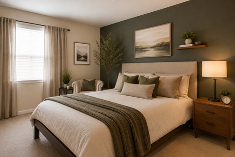A bedroom with a large bed and a painting on the wall.
