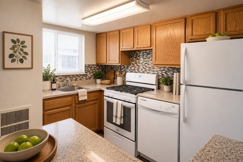 A kitchen with a white refrigerator, white oven, and white stove top.